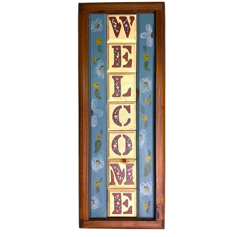 Hand-Painted Vertical Welcome Sign | Rustic Wall Decor with Floral Accents